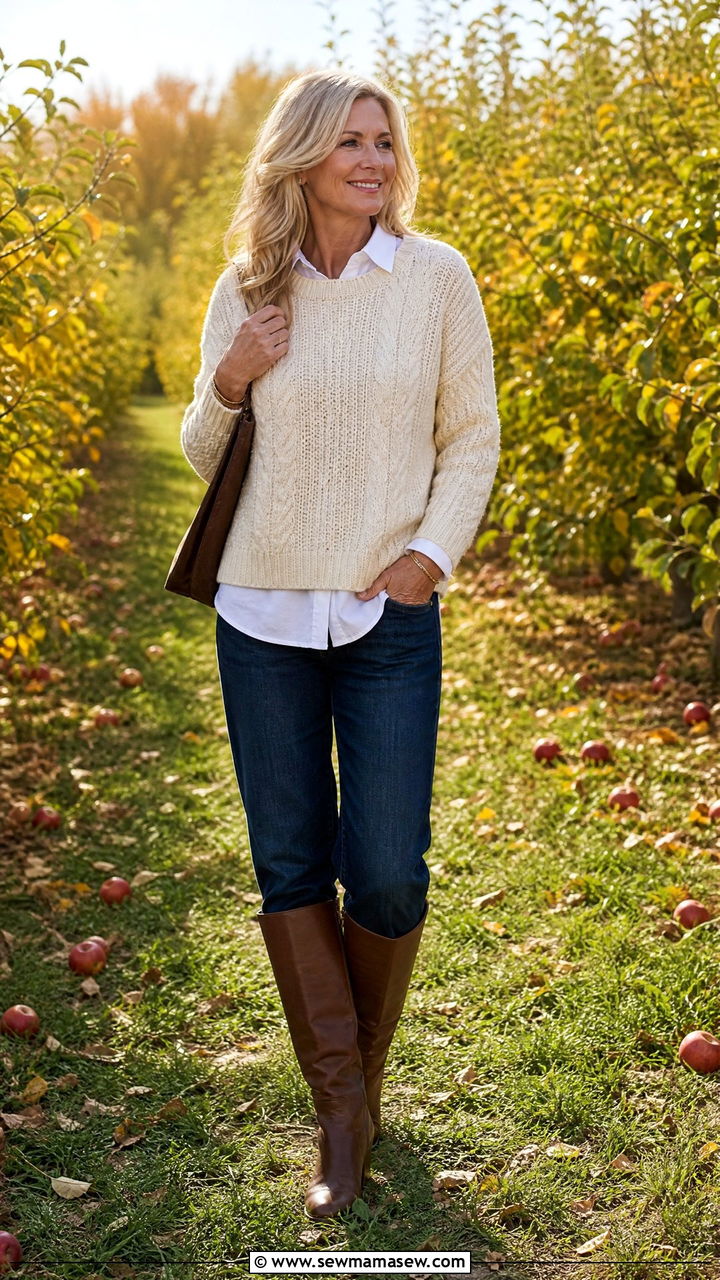 Chunky Sweater Layered Over Button Down Shirt Outfit - 25 chunky sweater outfits for women over 40