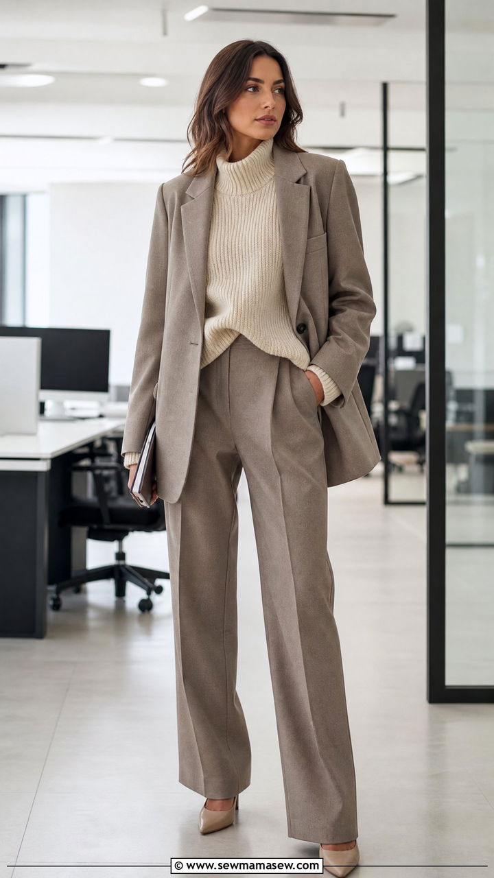 Chunky Sweater Under a Blazer with Trousers - 25 how to style chunky sweater