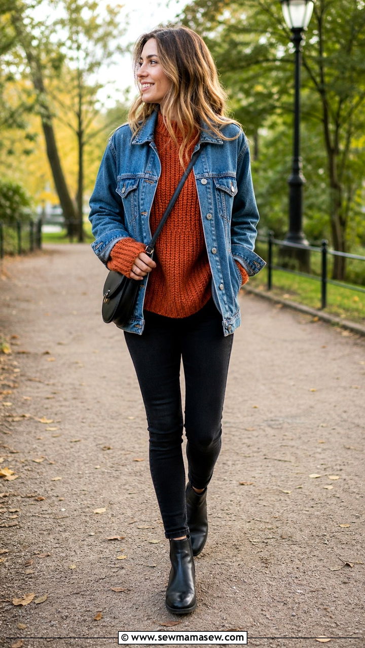 Chunky Sweater Under a Denim Jacket - 40 casual chunky sweater outfits