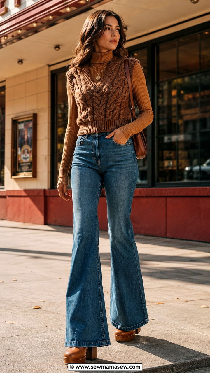 Chunky Sweater Vest With Flared Jeans And Platform Heels - 30 How to style a sweater vest