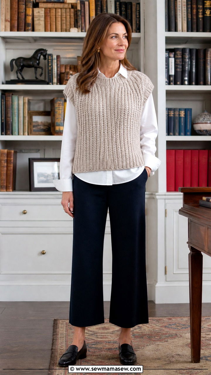 Chunky Sweater Vest over a Button Down Shirt - 40 Chunky sweater outfit ideas