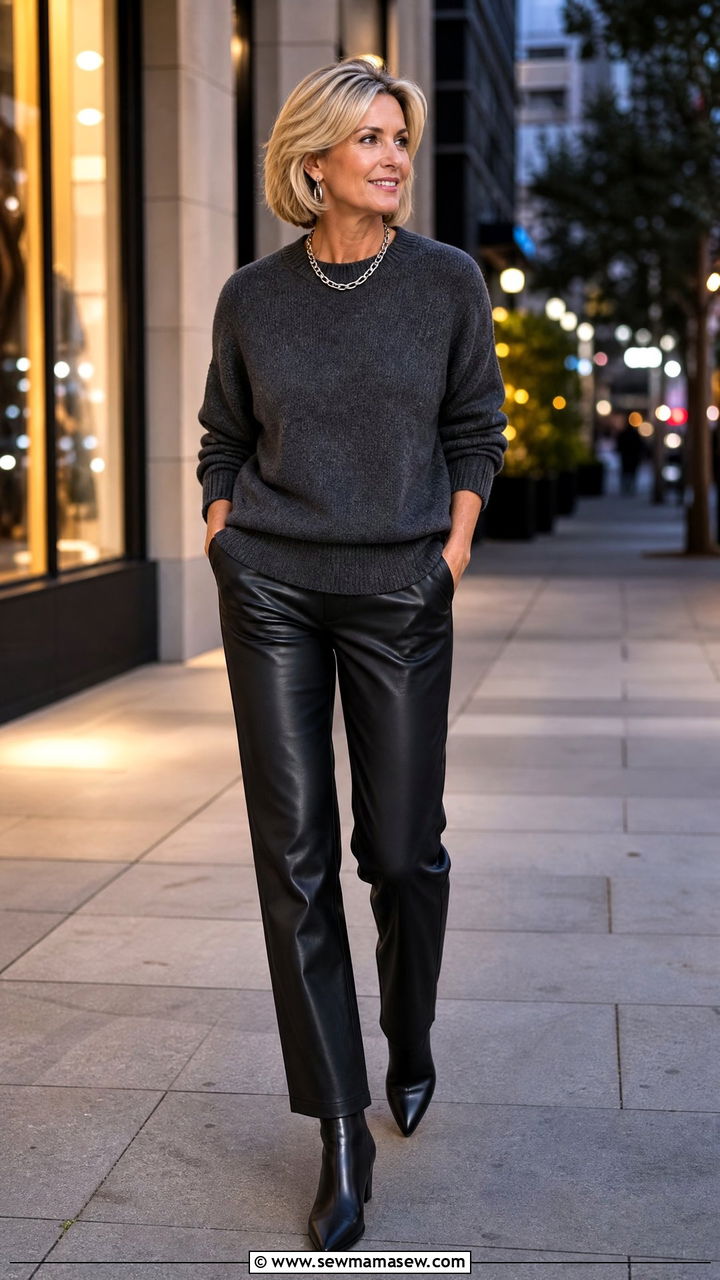 Chunky Sweater With Leather Pants Outfit - 25 chunky sweater outfits for women over 40