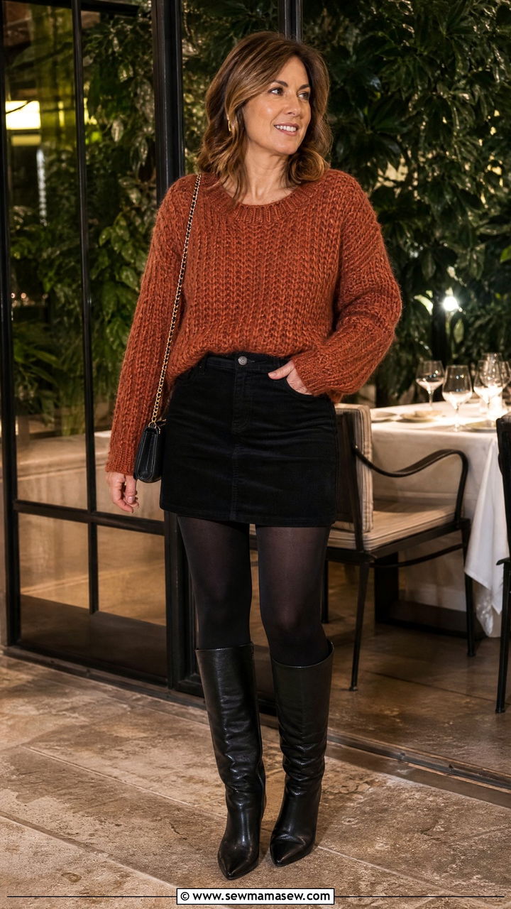 Chunky Sweater With Mini Skirt And Tights Outfit - 25 chunky sweater outfits for women over 40
