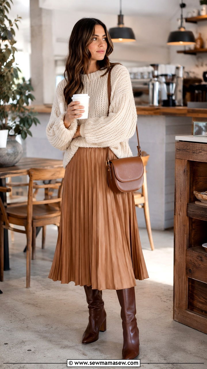 Chunky Sweater With Pleated Midi Skirt And Heeled Knee High Boots - 30 Pleated skirt outfit ideas with heels