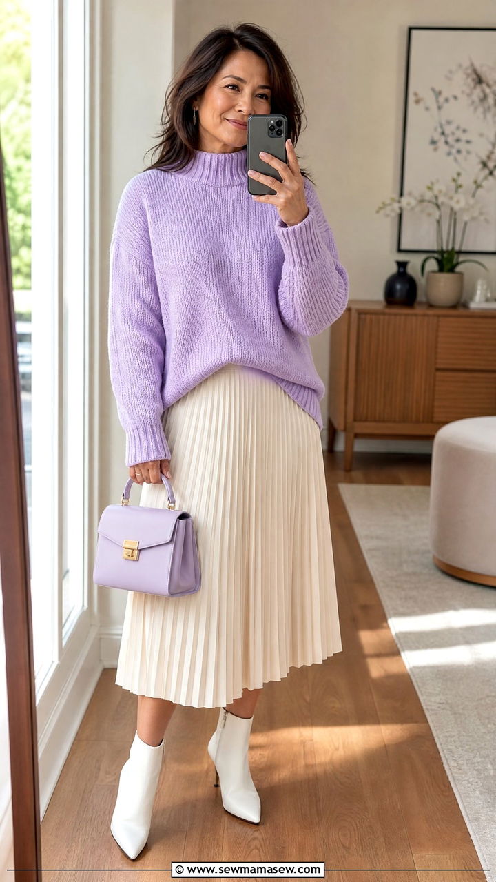 Chunky Sweater With Pleated Skirt Outfit - 25 chunky sweater outfits for women over 40