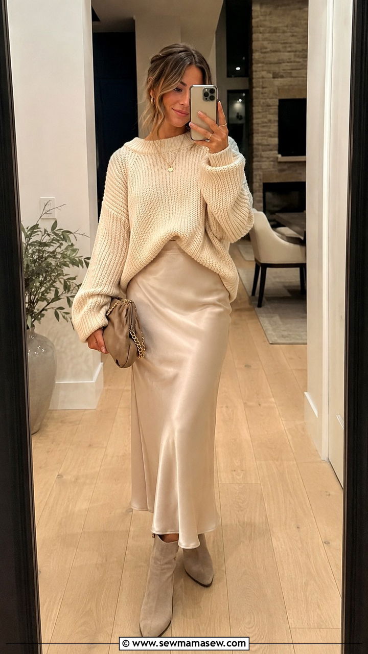 Chunky Sweater With Satin Skirt And Boots - 30 modest dinner outfit ideas