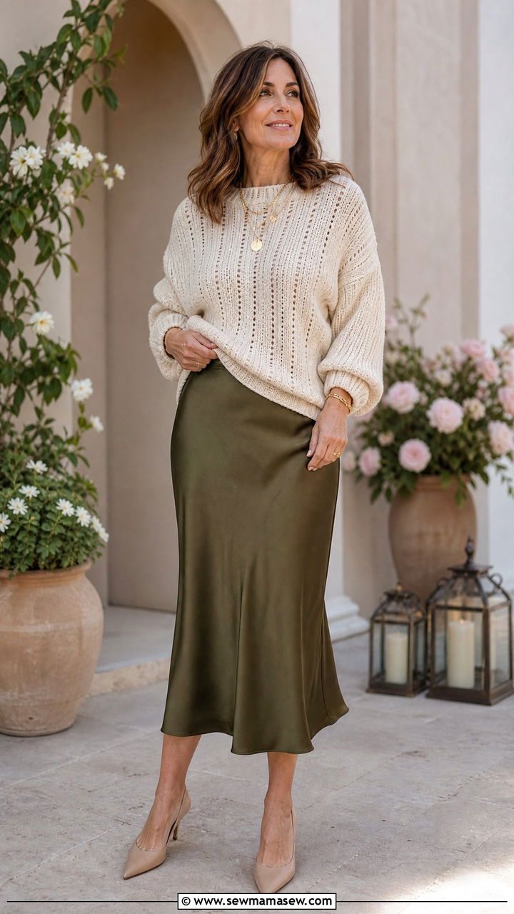 Chunky Sweater With Satin Skirt Outfit - 25 chunky sweater outfits for women over 40