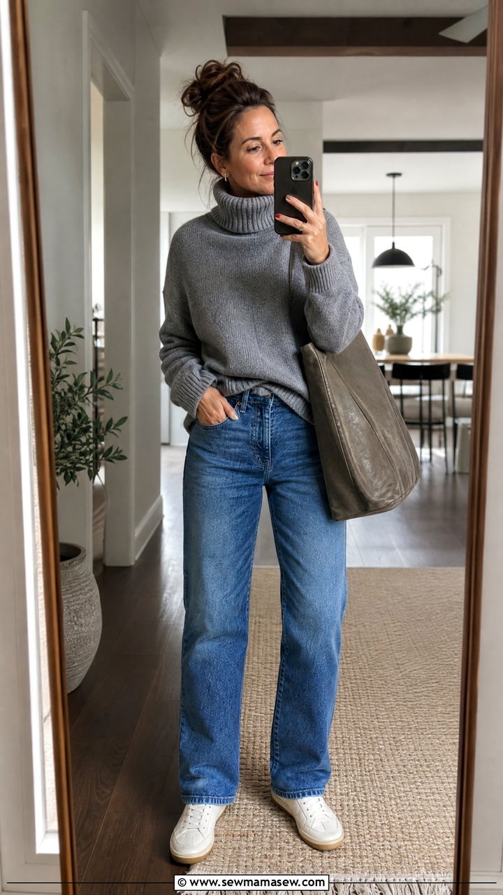 Chunky Sweater With Straight Leg Jeans Outfit - 25 chunky sweater outfits for women over 40