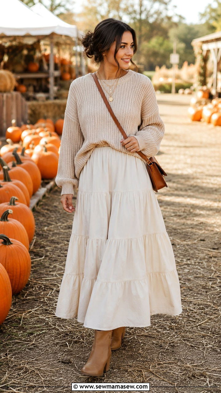 Chunky Sweater With Tiered Maxi Skirt - 25 Petite outfit ideas with maxi skirt
