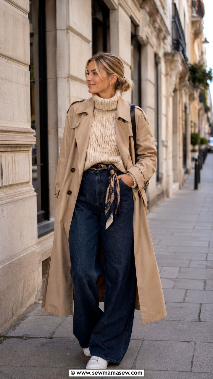 Chunky Sweater With Trench Coat and High Waisted Wide Leg Jeans - 30 High waisted jeans outfit ideas with a sweater