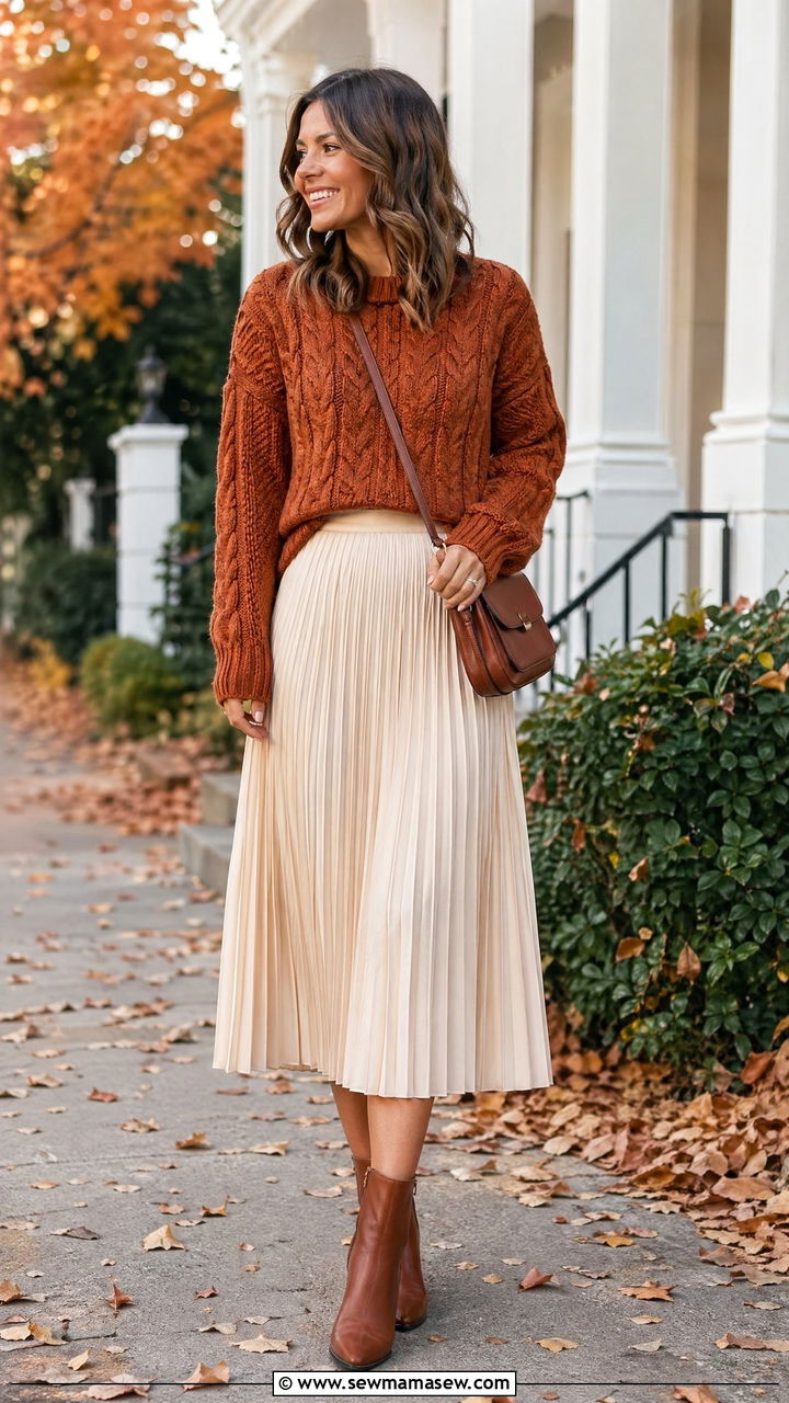 Chunky Sweater and Pleated Midi Skirt Outfit - 35 Cool mom outfit ideas