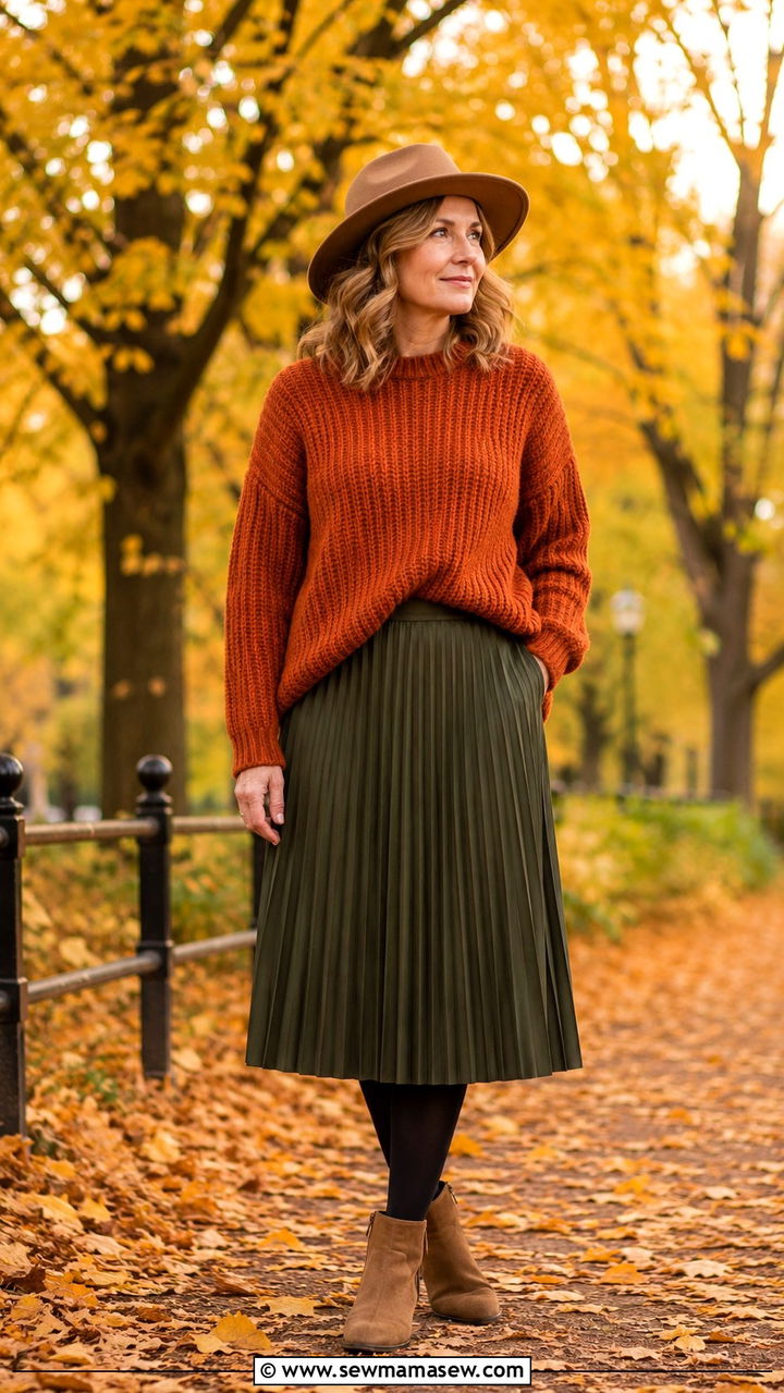 Chunky Sweater and Pleated Midi Skirt - 25 pleated skirt outfits for women over 40