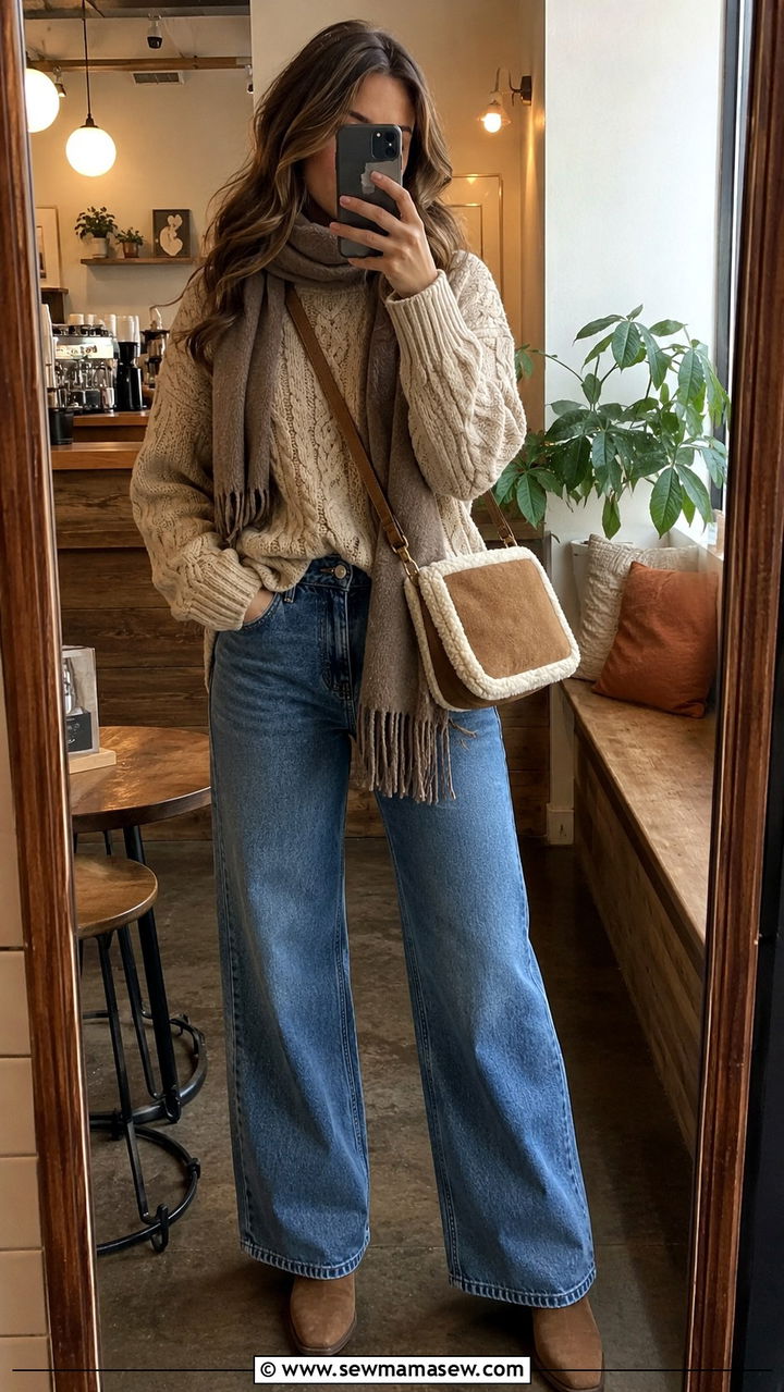 Chunky Sweater and Wide Leg Jeans Outfit - 30 cute wide leg jeans outfits