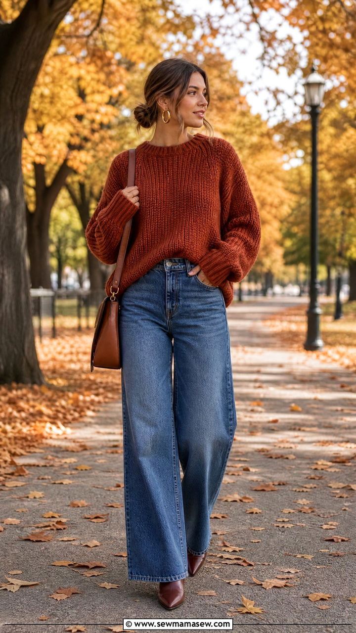 Chunky Sweater and WideLeg Jeans Errands Outfit - 30 errands outfits ideas