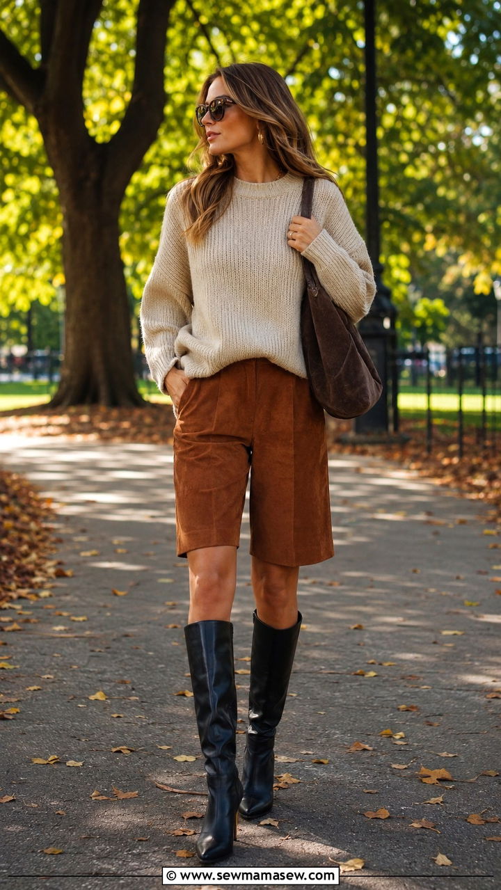 Chunky Sweater with Bermuda Shorts and Knee High Boots - 20 summer to fall outfits trends