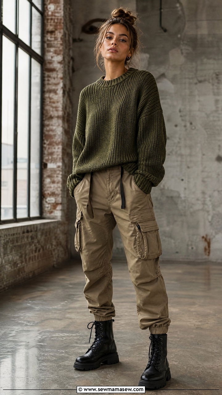Chunky Sweater with Cargo Pants and Combat Boots - 25 how to style chunky sweater
