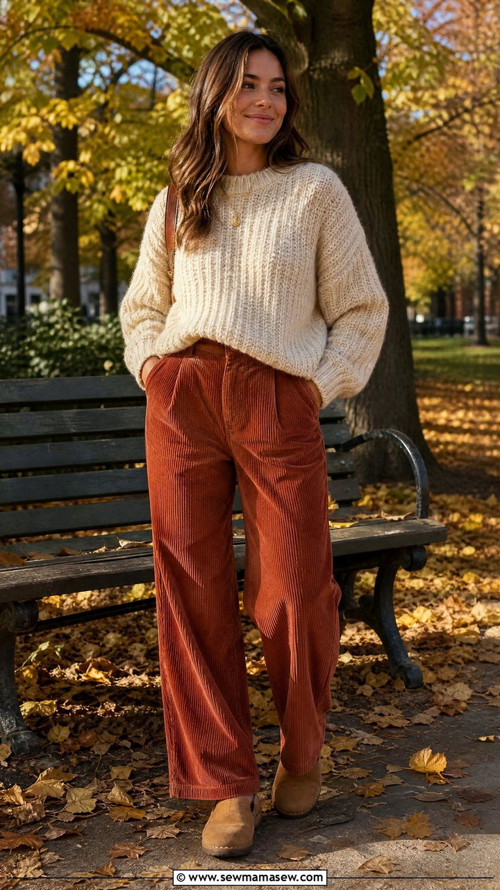 Chunky Sweater with Corduroy Pants and Clogs - 25 how to style chunky sweater