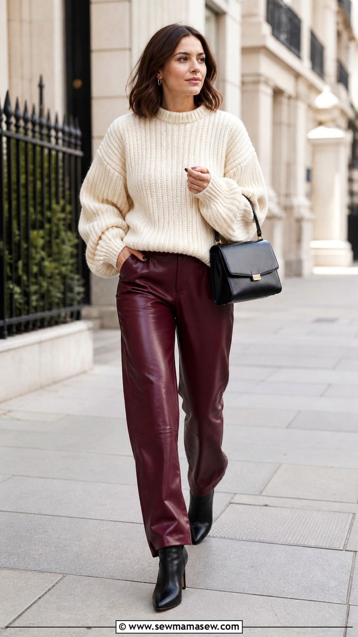 Chunky Sweater with Faux Leather Pants - 40 casual chunky sweater outfits