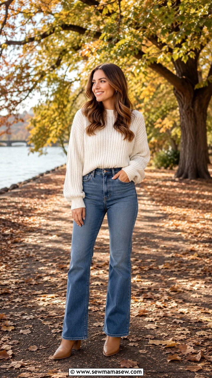 Chunky Sweater with Flare Jeans and Heeled Boots - 20 Postpartum outfit ideas for photos