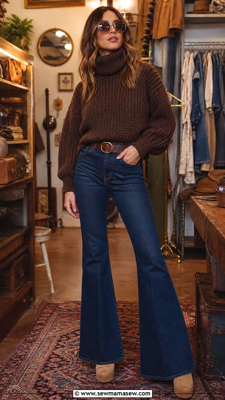 Chunky Sweater with Flare Jeans - 40 casual chunky sweater outfits