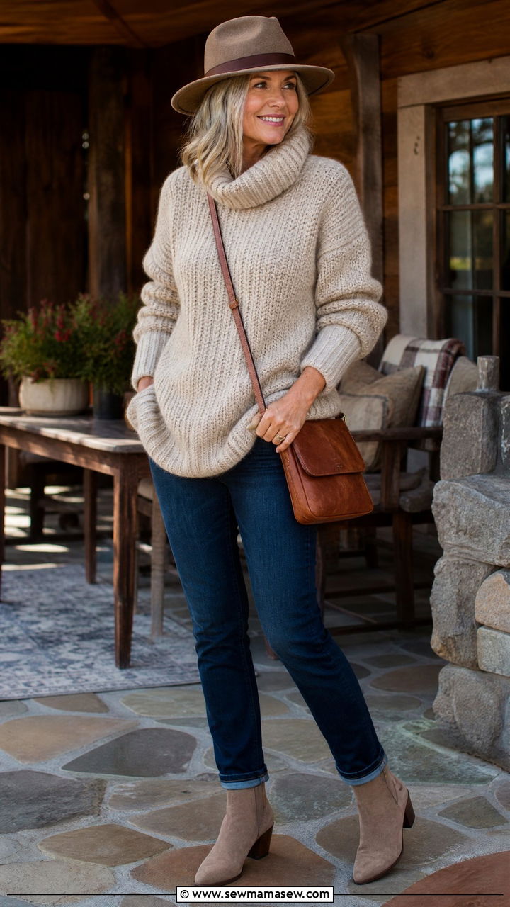 Chunky Sweater with Jeans and Boots Over 50 - 30 Chic outfit ideas for women over 50