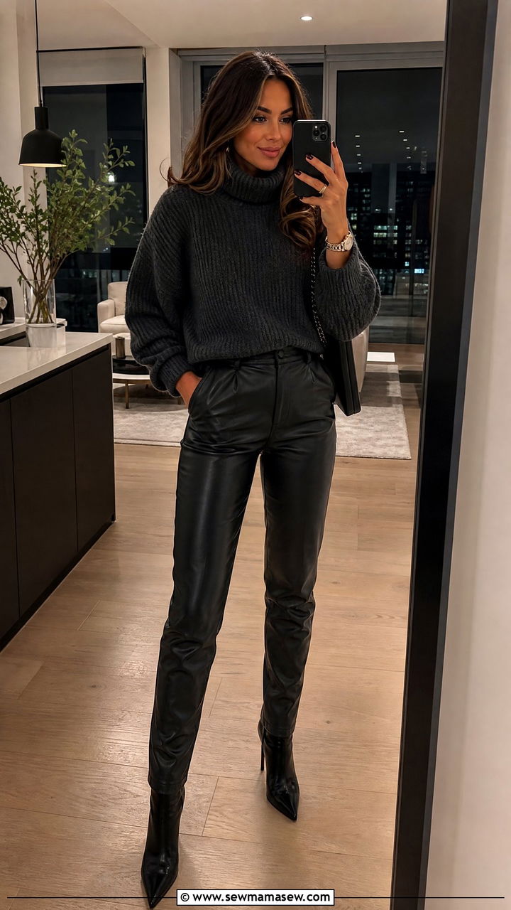 Chunky Sweater with Leather Pants and Heels - 25 how to style chunky sweater