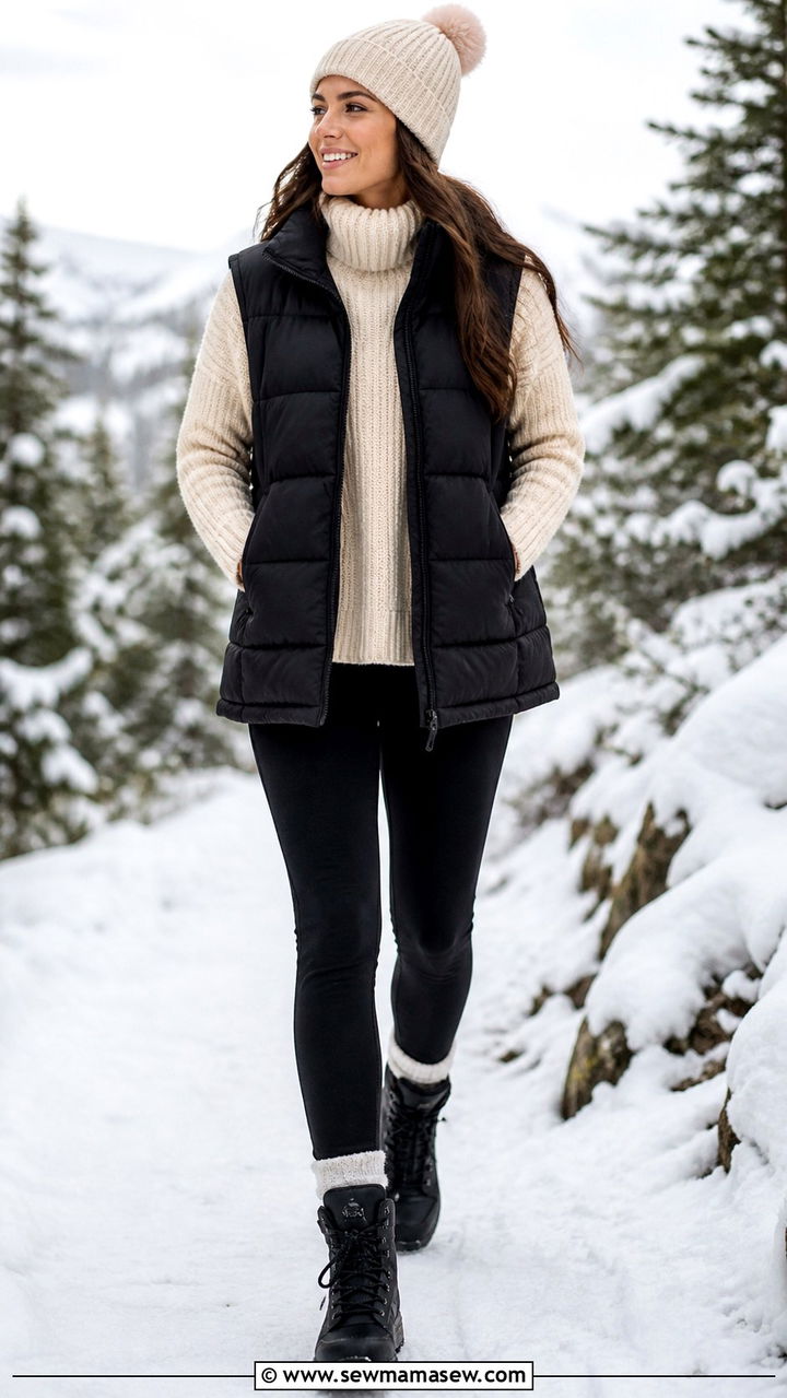 Chunky Sweater with Leggings and a Puffer Vest - 40 casual chunky sweater outfits