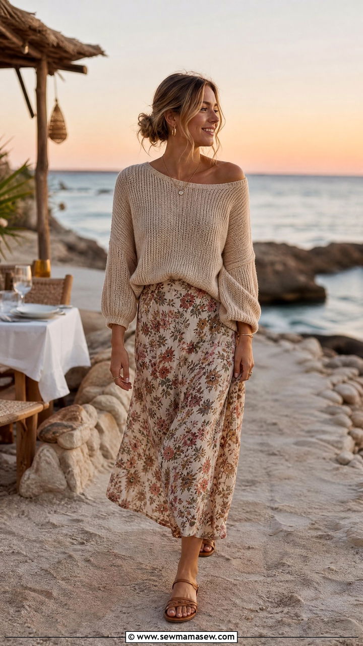 Chunky Sweater with Maxi Skirt and Sandals - 25 how to style chunky sweater