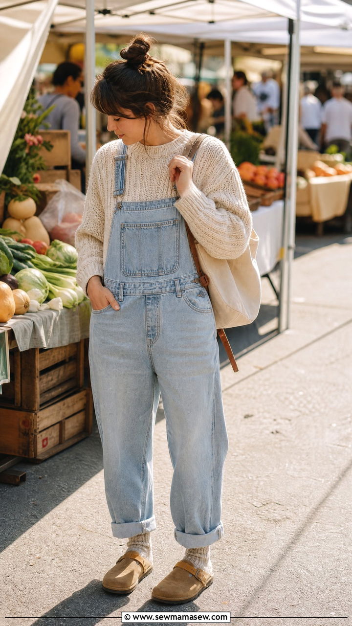 Chunky Sweater with Overalls and Clogs - 25 how to style chunky sweater
