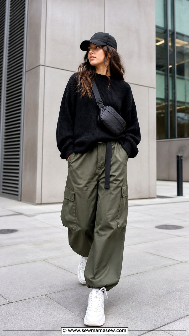 Chunky Sweater with Parachute Pants - 40 casual chunky sweater outfits