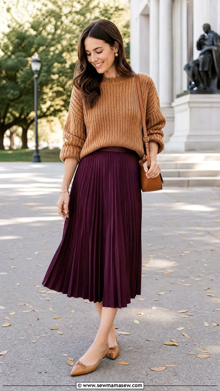 Chunky Sweater with Pleated Midi Skirt and Flats - 25 how to style chunky sweater
