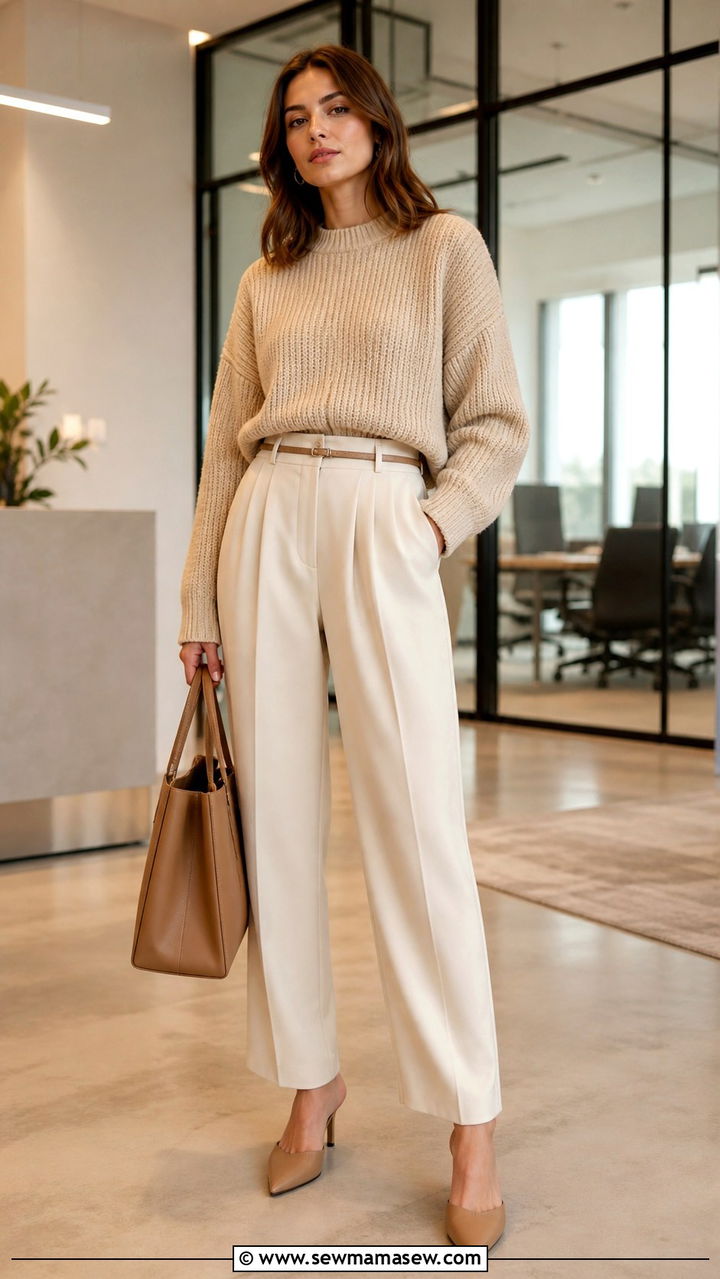 Chunky Sweater with Pleated Trousers - 40 Chunky sweater outfit ideas