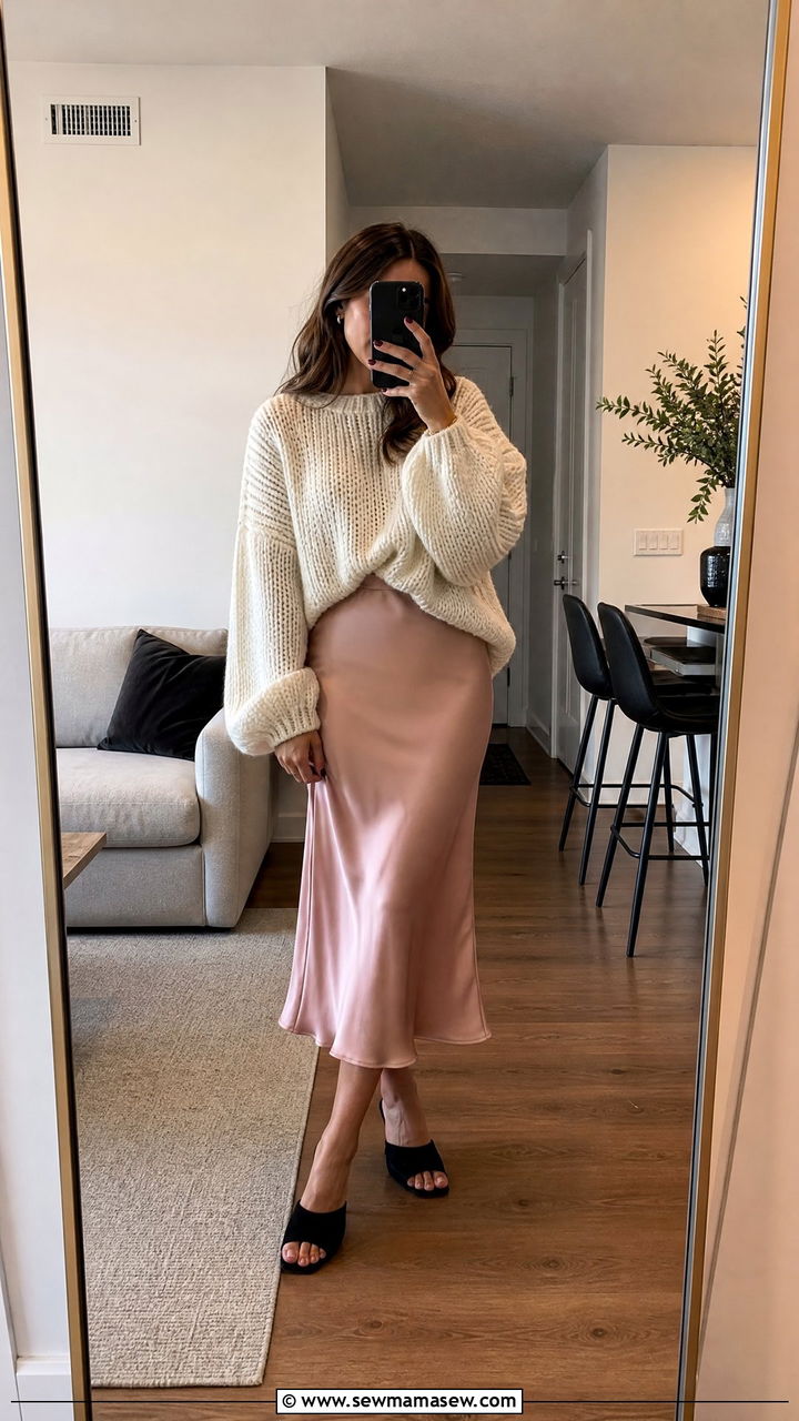 Chunky Sweater with Silk Slip Skirt Outfit - 20 Spring outfits for 50-60 degree weather