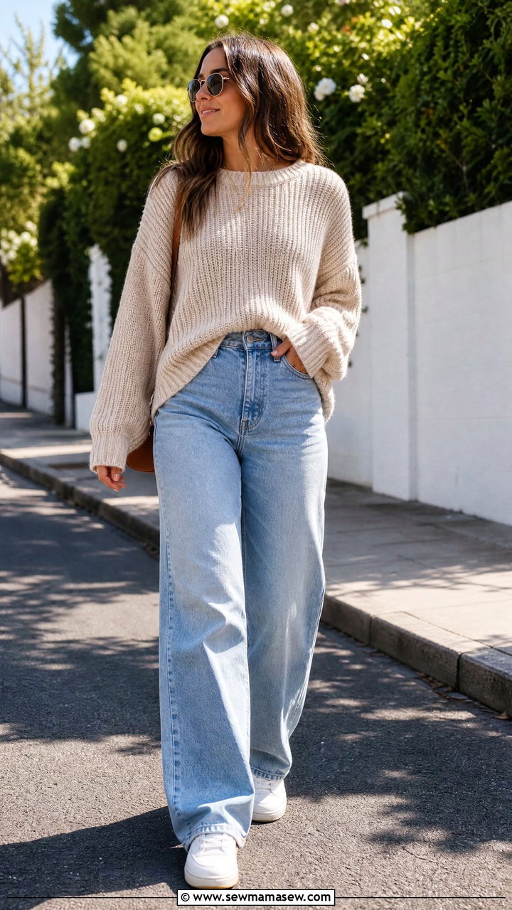 Chunky Sweater with Wide Leg Jeans and Sneakers - 25 how to style chunky sweater