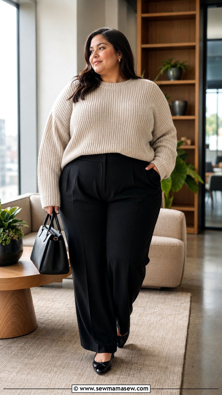 Chunky Sweater with Wide Leg Pants and Ballet Flats - 30 Plus size corporate outfit ideas