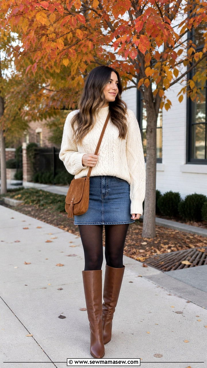 Chunky Sweater with a Denim Mini Skirt - 40 casual chunky sweater outfits