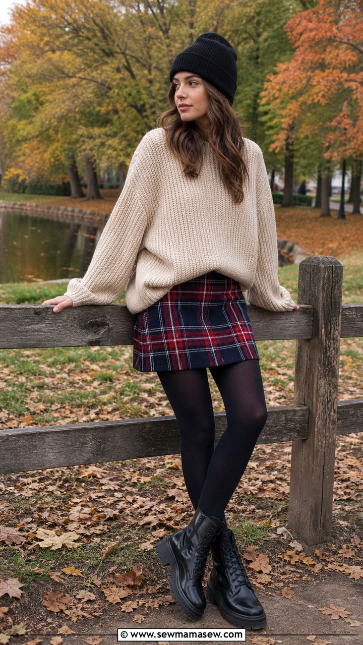 Chunky Sweater with a Plaid Mini Skirt - 40 casual chunky sweater outfits