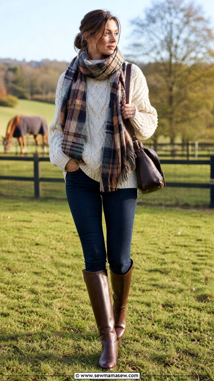 Chunky Sweater with a Plaid Scarf and Riding Boots - 25 how to style chunky sweater
