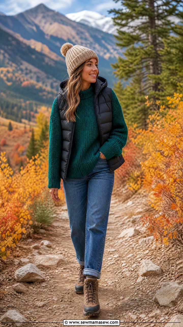 Chunky Sweater with a Puffer Vest and Jeans - 25 how to style chunky sweater