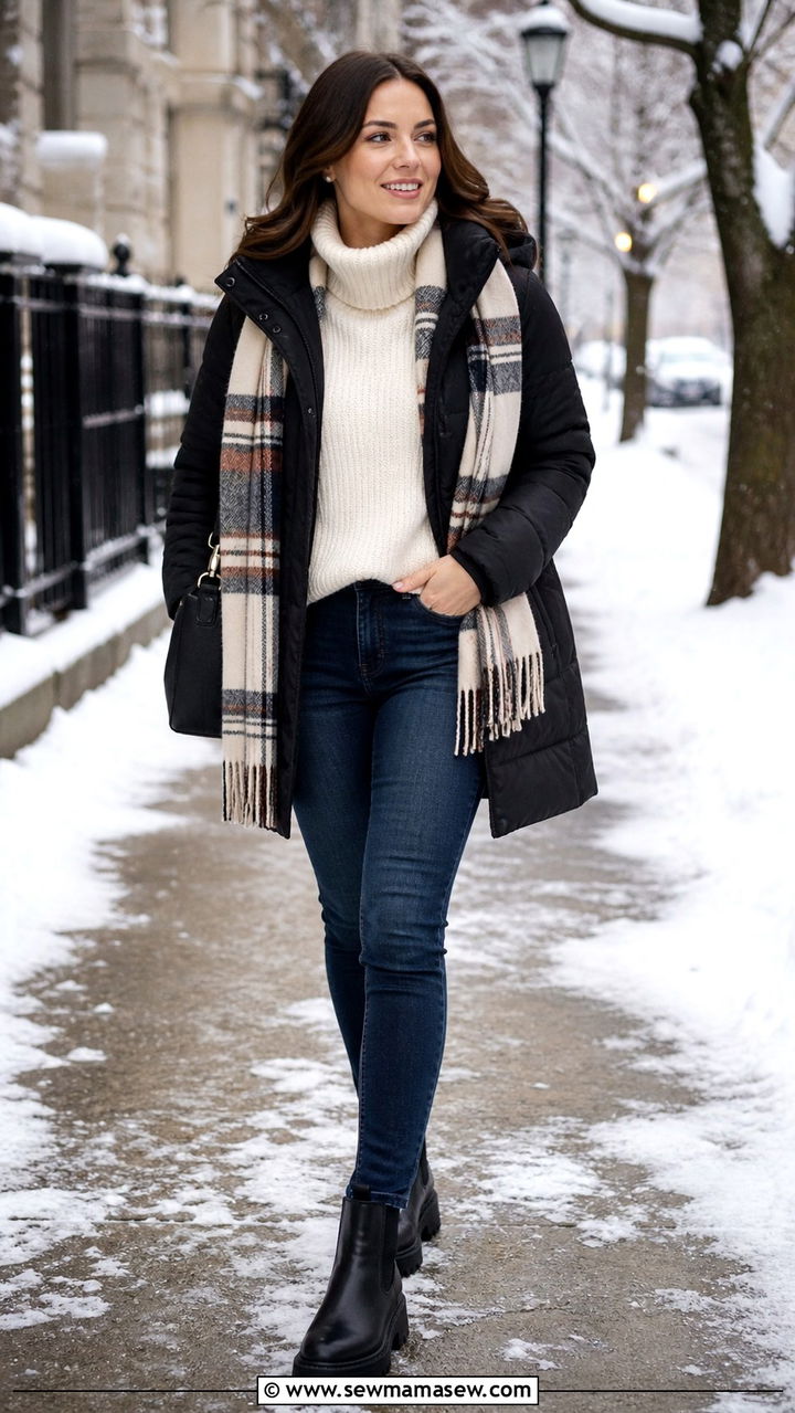 Chunky Sweater with a Quilted Puffer Coat - 40 casual chunky sweater outfits