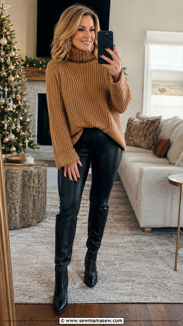 Chunky Turtleneck Sweater With Faux Leather Leggings and Knee High Boots - 30 Capsule wardrobe women over 40