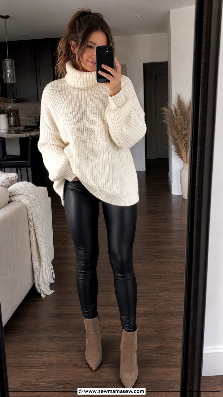 Chunky Turtleneck Sweater With Sleek Faux Leather Leggings - 30 French girl loungewear outfit ideas