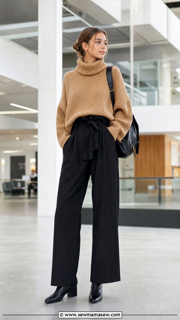Chunky Turtleneck Sweater with Belted Paperbag Trousers Outfit - 35 Back to school outfit ideas 10th grade