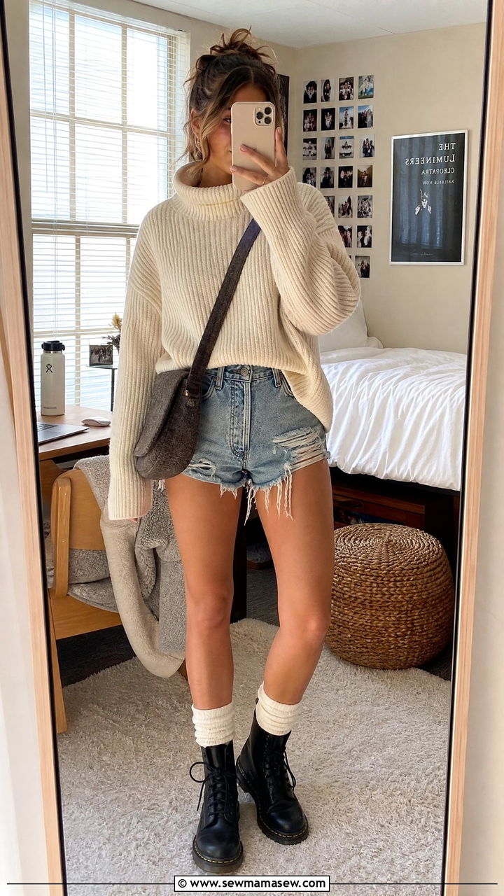 Chunky Turtleneck With Levis Cutoff Shorts Outfit - 30 College outfit ideas trendy 2026