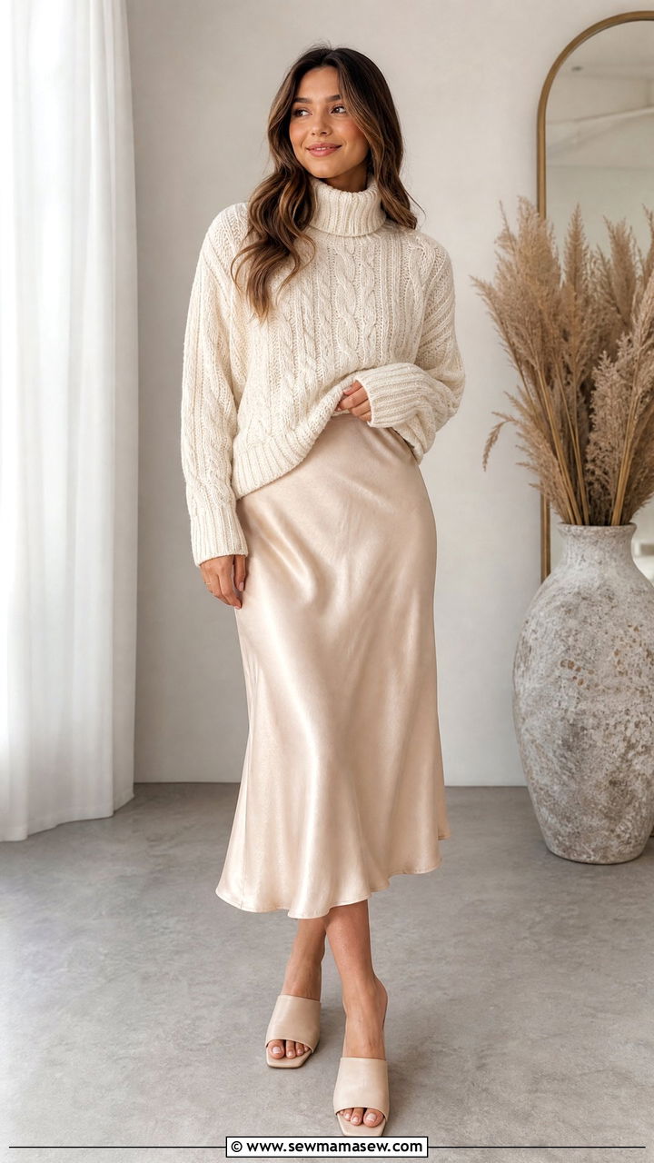 Chunky Turtleneck and Satin Slip Skirt - 25 casual aesthetic outfits