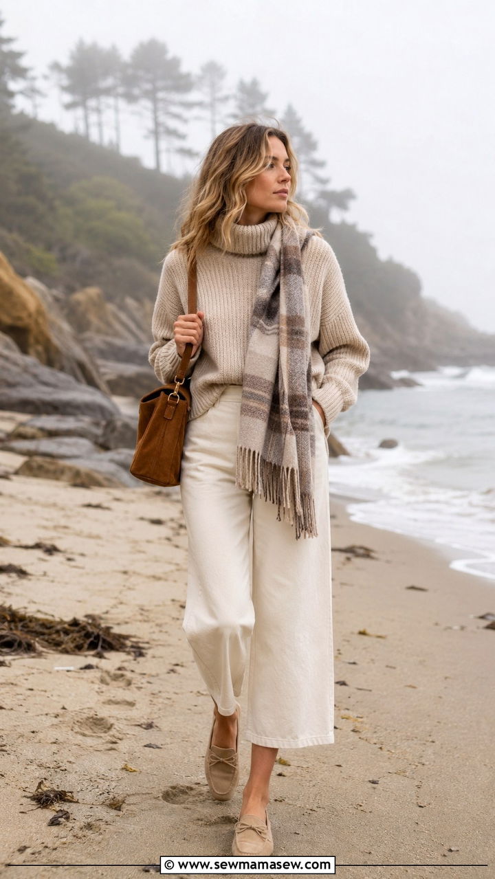 Chunky Turtleneck and Wide Leg Cropped Pants - 20 coastal grandmother outfits to copy