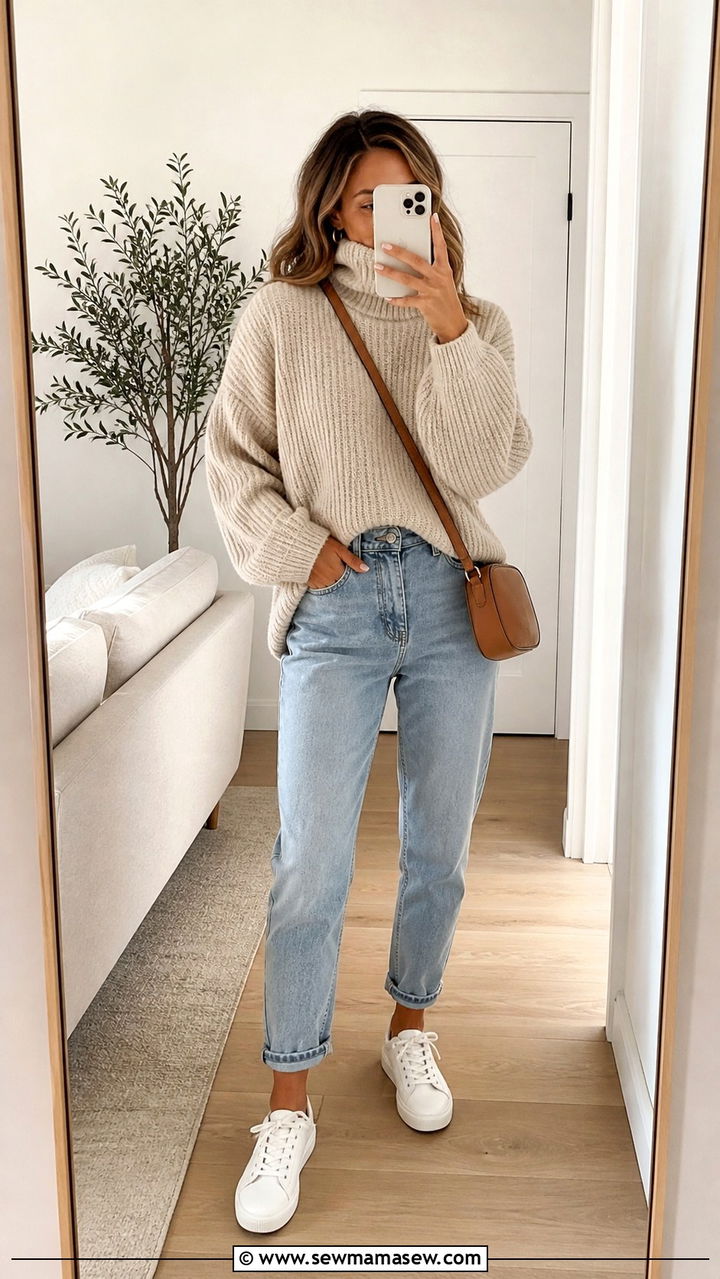 Chunky Turtleneck with Mom Jeans - 40 Chunky sweater outfit ideas