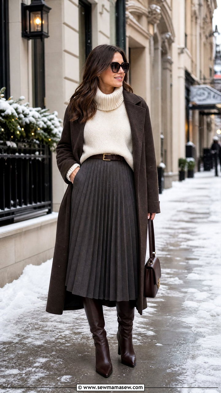Chunky Turtleneck with Pleated Midi Skirt - 25 chic pleated skirt outfit ideas