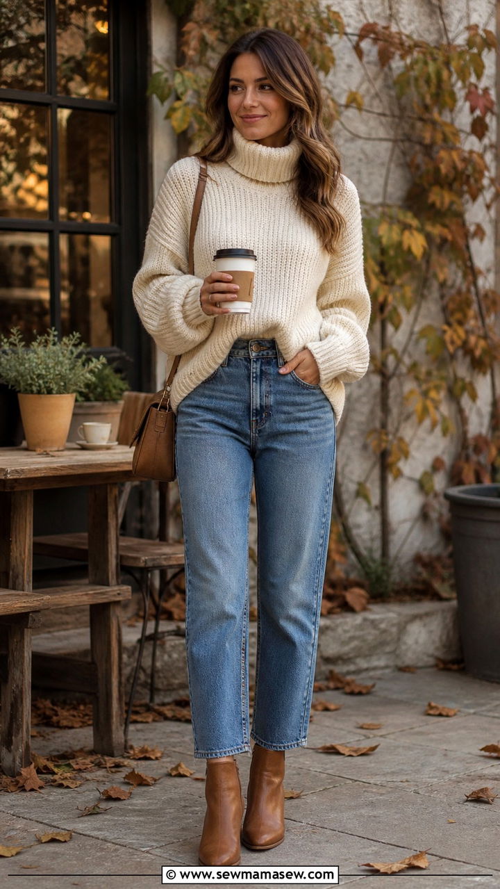 Chunky Turtleneck with Relaxed Jeans and Ankle Boots - 40 cute outfits