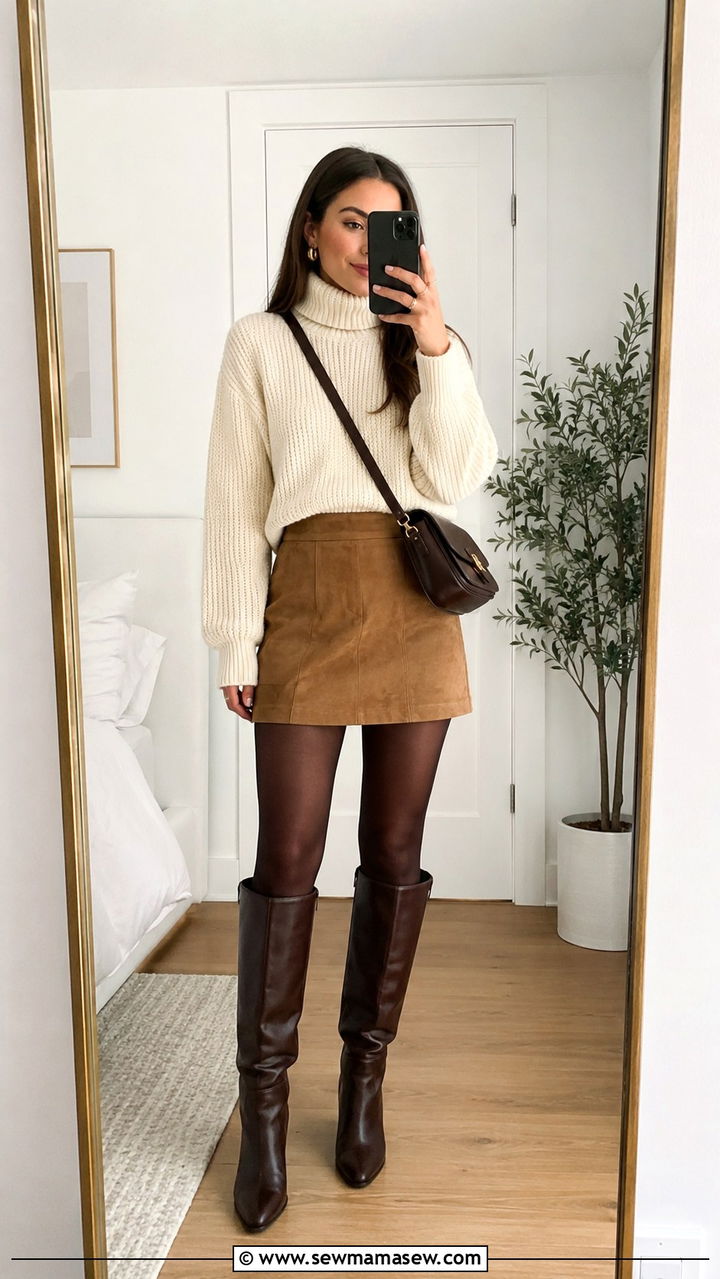 Chunky Turtleneck with Suede Mini Skirt - 30 transitional skirt outfit ideas